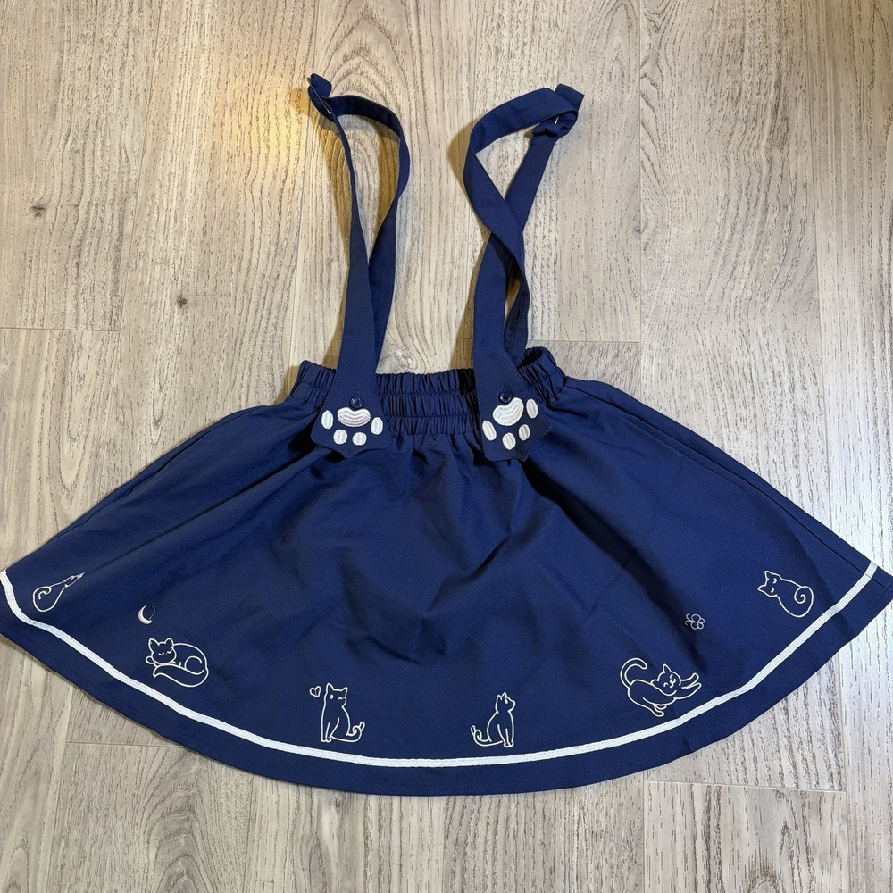 Blue Elastic flared skirt girls removable suspenders embroidered cats Handmade